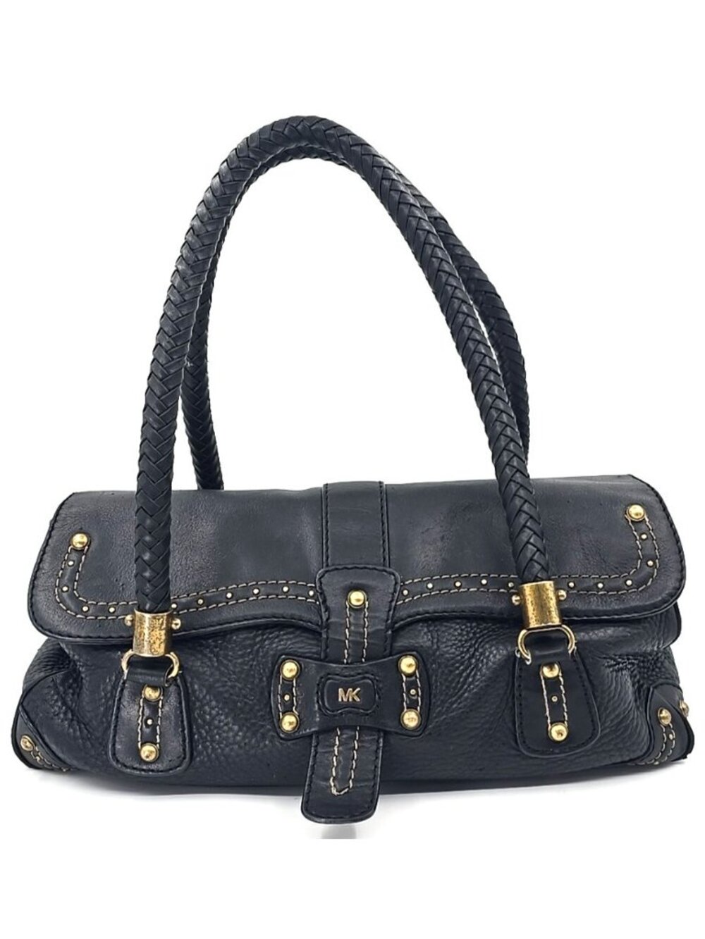 Michael Kors Vintage Premium Pebbled Leather Shoulder Bag Braided Handles Black